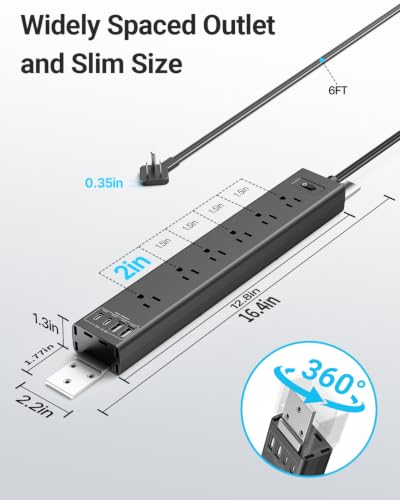 360° Mountable Surge Protector Power Strip with 4 USB Ports (2 USB C), 6 FT Electrical Outlet & Flat Plug Extension Cord for Under Desk, Wall, or Corner Mount