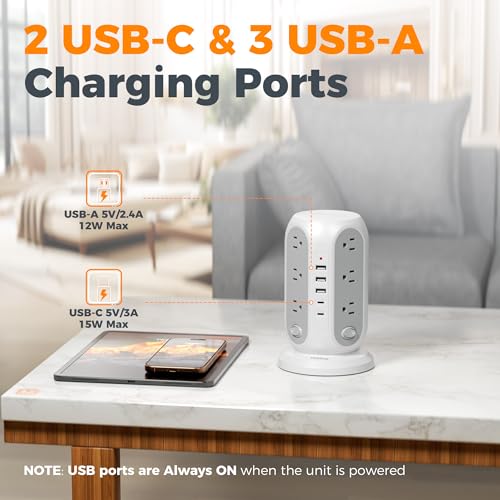 TESSAN Tower Surge Protector with 12 Outlets & 5 USB Ports