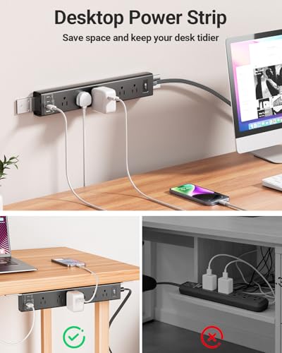 360° Mountable Surge Protector Power Strip with 4 USB Ports (2 USB C), 6 FT Electrical Outlet & Flat Plug Extension Cord for Under Desk, Wall, or Corner Mount