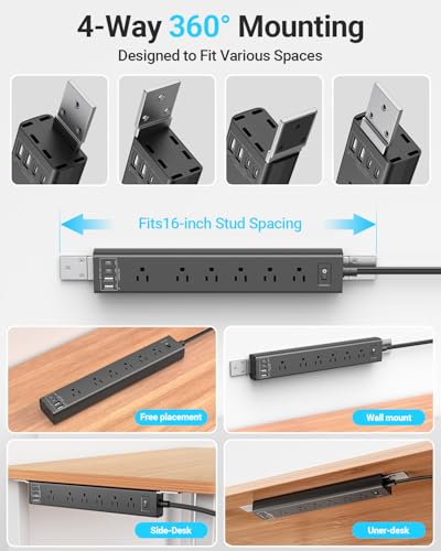 360° Mountable Surge Protector Power Strip with 4 USB Ports (2 USB C), 6 FT Electrical Outlet & Flat Plug Extension Cord for Under Desk, Wall, or Corner Mount