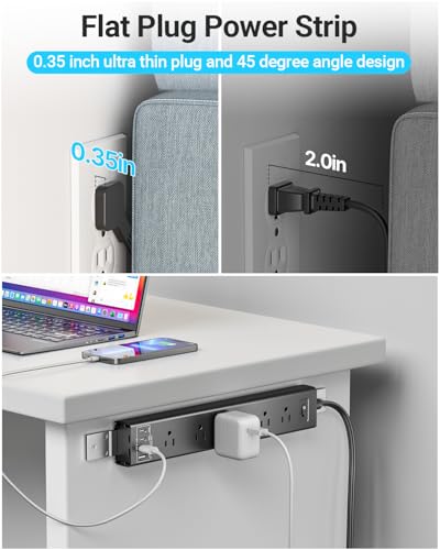 360° Mountable Surge Protector Power Strip with 4 USB Ports (2 USB C), 6 FT Electrical Outlet & Flat Plug Extension Cord for Under Desk, Wall, or Corner Mount