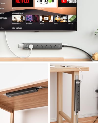 360° Mountable Surge Protector Power Strip with 4 USB Ports (2 USB C), 6 FT Electrical Outlet & Flat Plug Extension Cord for Under Desk, Wall, or Corner Mount