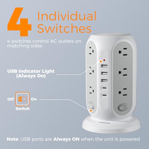 TESSAN Tower Surge Protector with 12 Outlets & 5 USB Ports