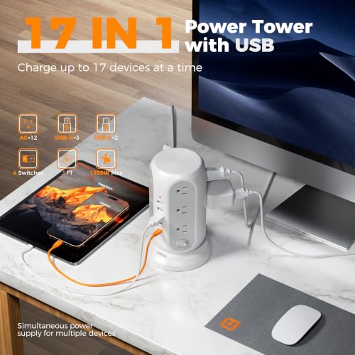 TESSAN Tower Surge Protector with 12 Outlets & 5 USB Ports