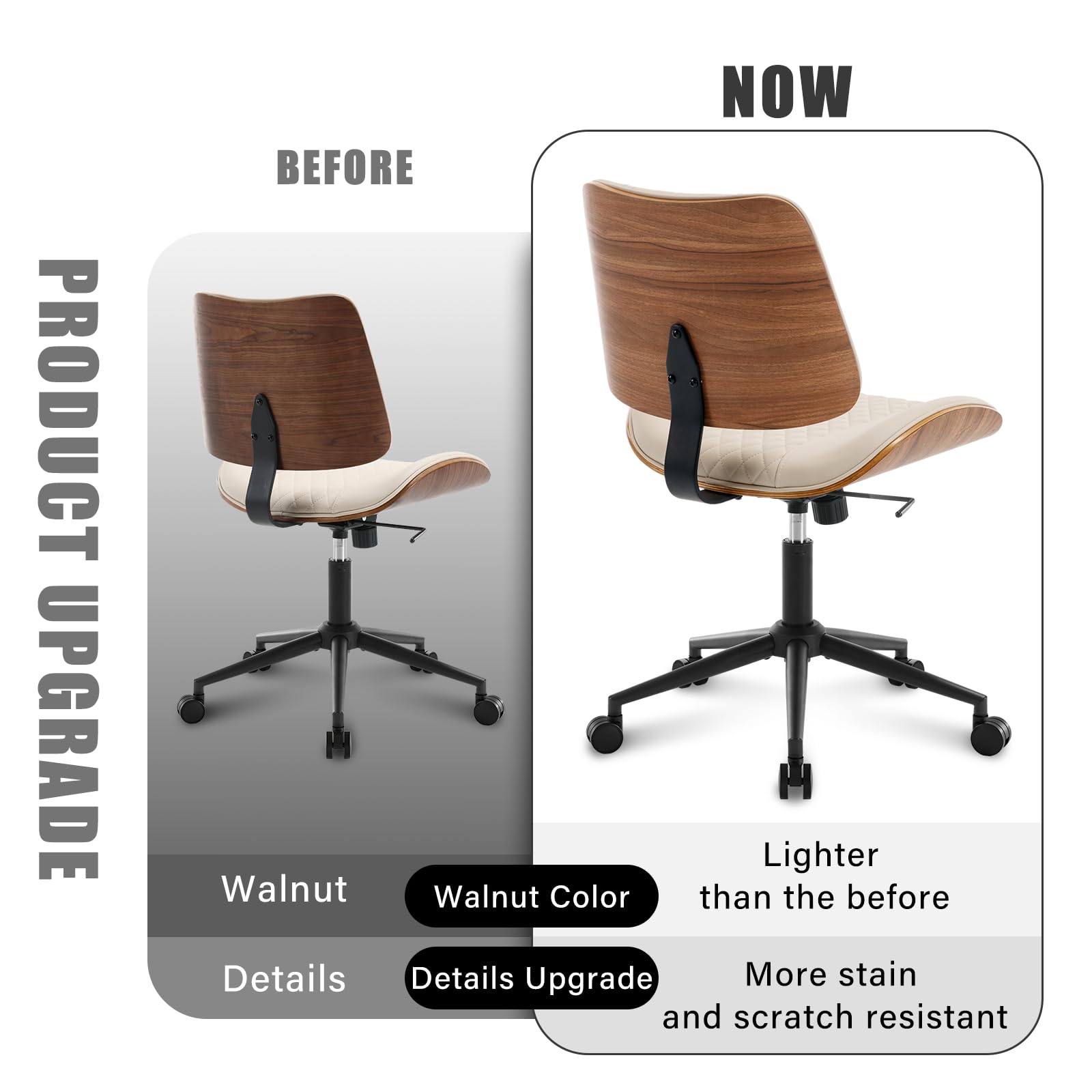 BERYTH Home Office Chair No Arms with Wheels, Mid Back Walnut Style 5010