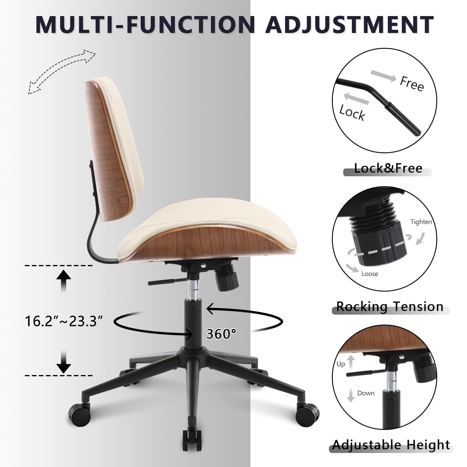 BERYTH Home Office Chair No Arms with Wheels, Mid Back Walnut Style 5010