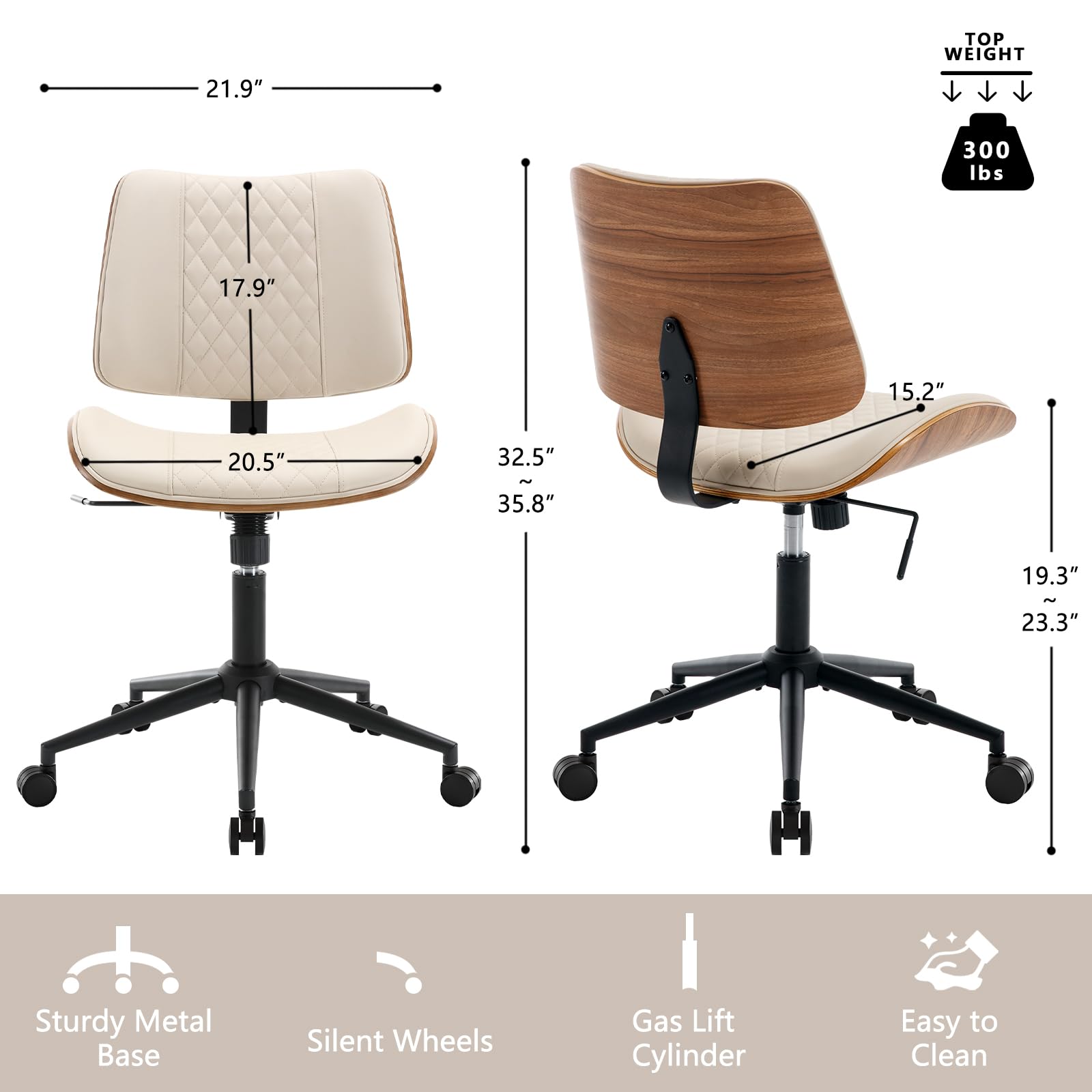 BERYTH Home Office Chair No Arms with Wheels, Mid Back Walnut Style 5010
