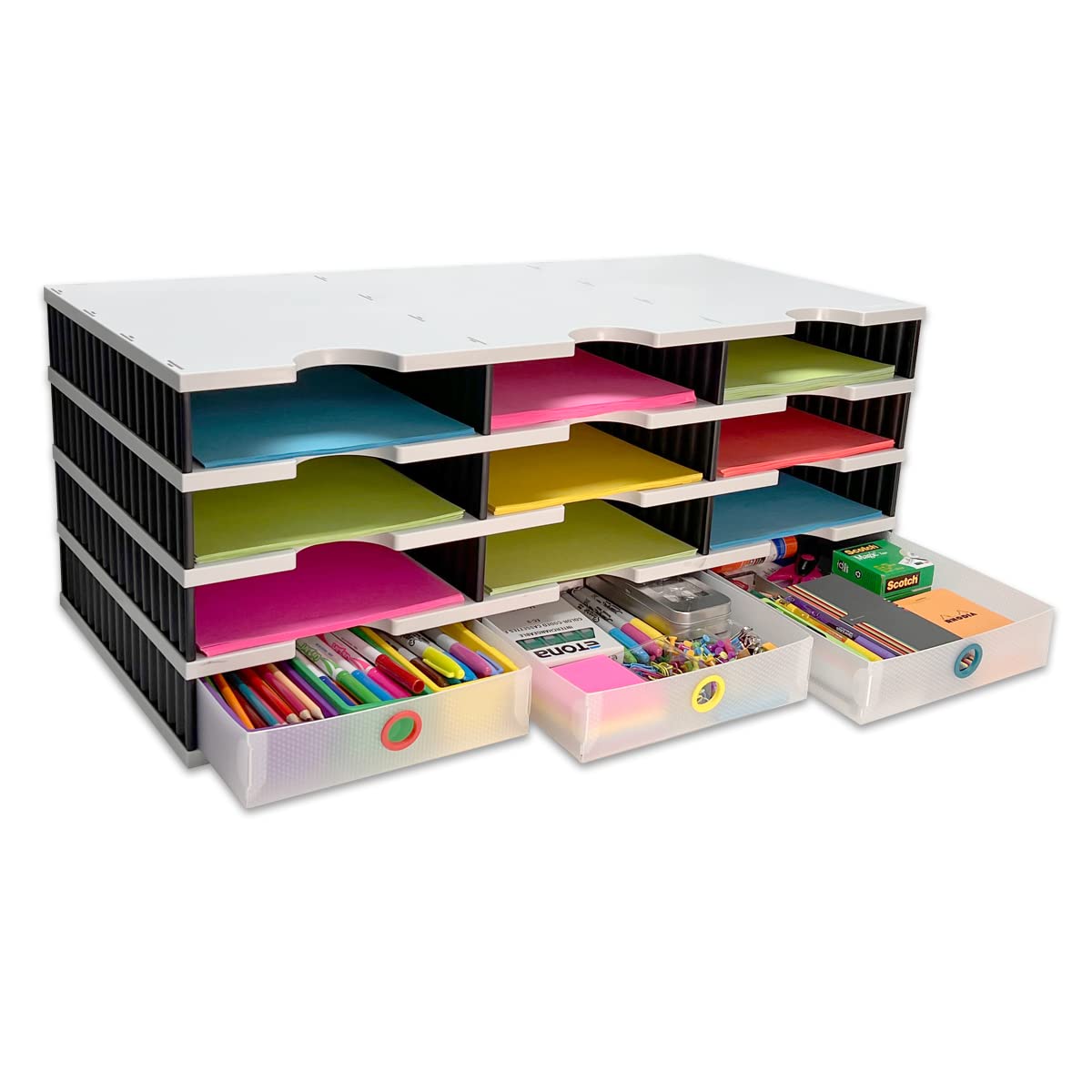 TierDrop 12-Tier Letter Tray Organizer with 3 Drawers
