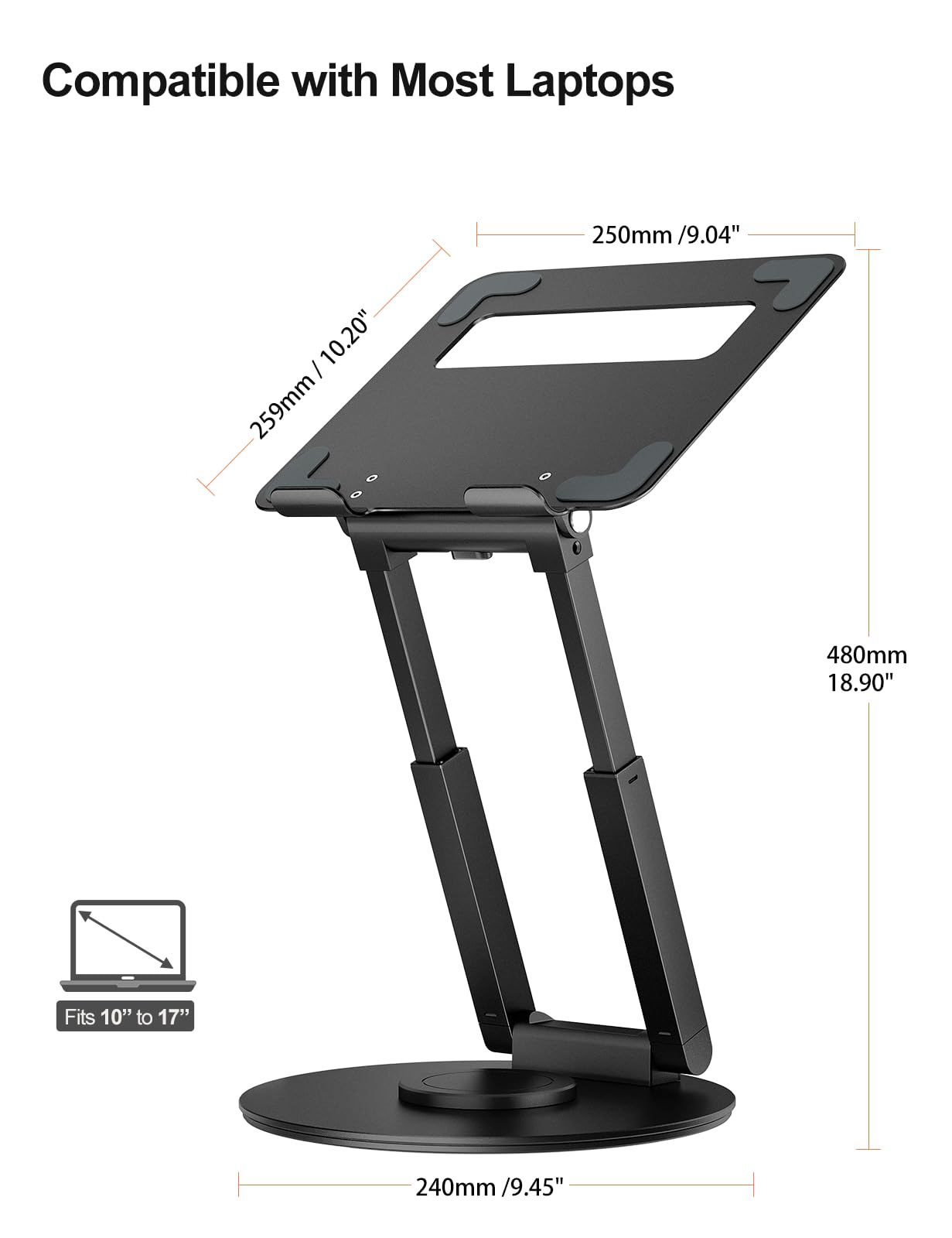 tounee Telescopic Laptop Stand for Desk with 360° Swivel Base, Sit to Stand, Height Adjustable, Portable Riser Holder for Good Posture, Compatible with MacBook Pro, All Laptops 10-17"