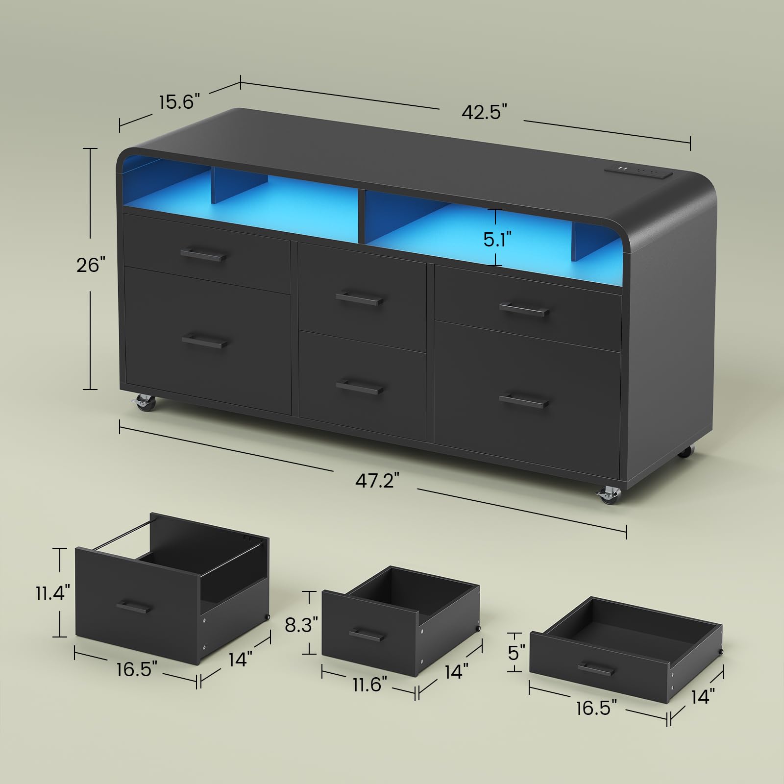 SEDETA 6-Drawer Mobile File Cabinet with Power Strip