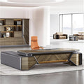 94 Inch Luxury L Shaped Corner Executive Desks with File Drawers Lateral Cabinet and Light Strip Solid Wood Computer Home Office Desk Study Table Workstation