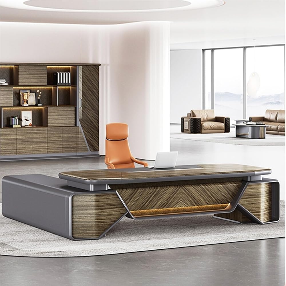 94 Inch Luxury L Shaped Corner Executive Desks with File Drawers Lateral Cabinet and Light Strip Solid Wood Computer Home Office Desk Study Table Workstation