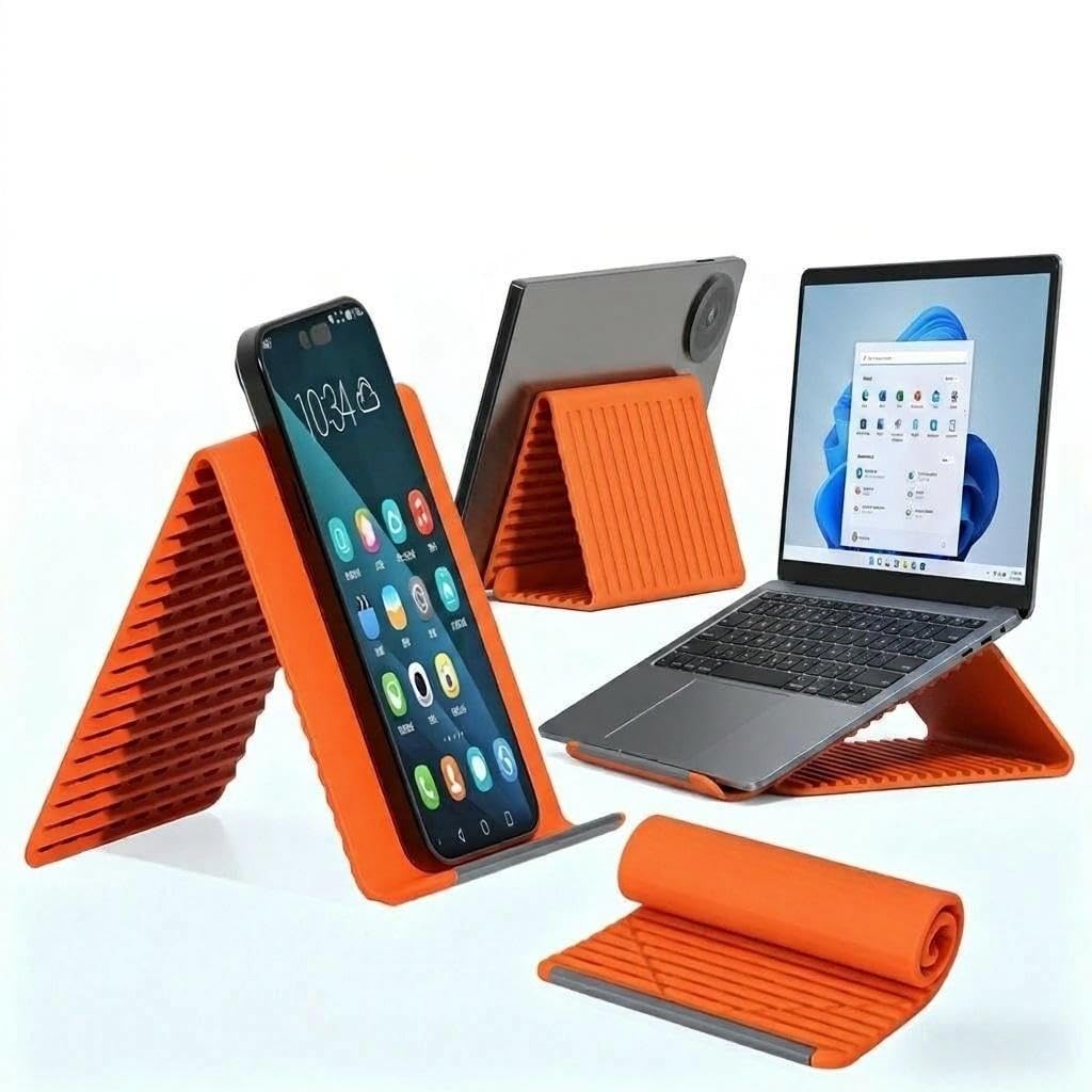 Leigeobei Flexible Foldable Phone Stand, Bendable Rollable Silicone Aluminum Holder, Portable Multi-Angle Desk Stand for Phone & Tablet (Orange)
