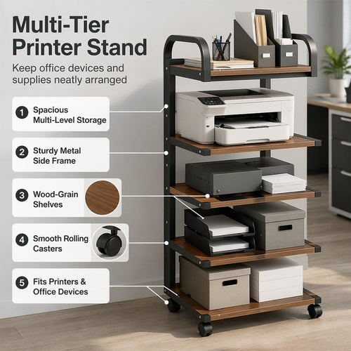 Adjustable Printer Cart with Wheels, Multi-Tier Rolling Office Cart, Heavy-Duty Metal Frame, Wood-Grain Shelves, Ideal for Home & Office Organization (White)