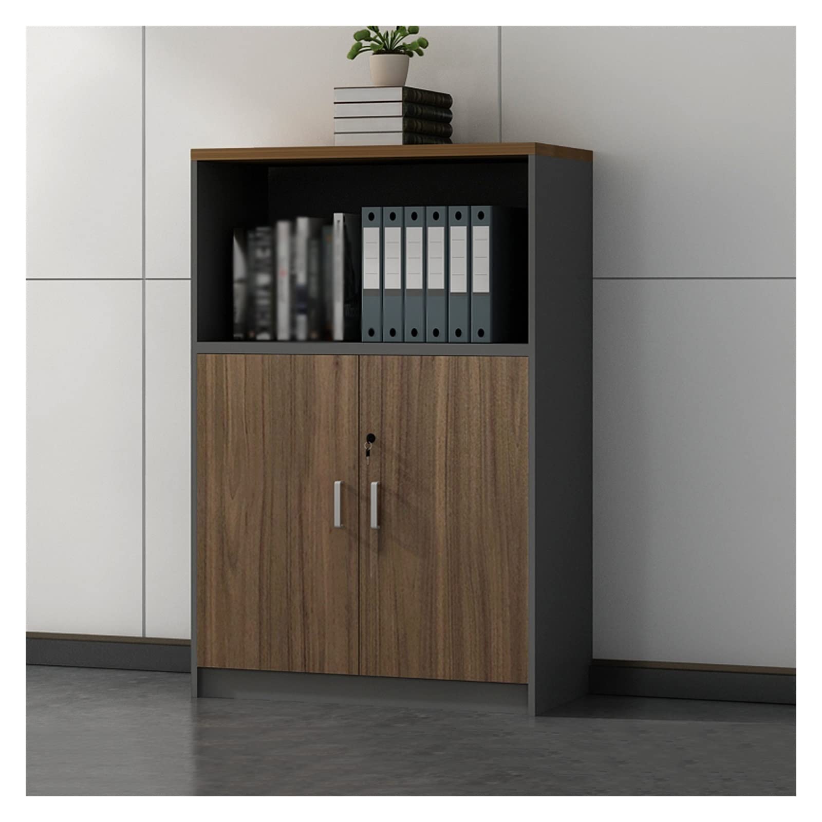 Wood Lateral File Cabinet with Door & Open Storage Shelves