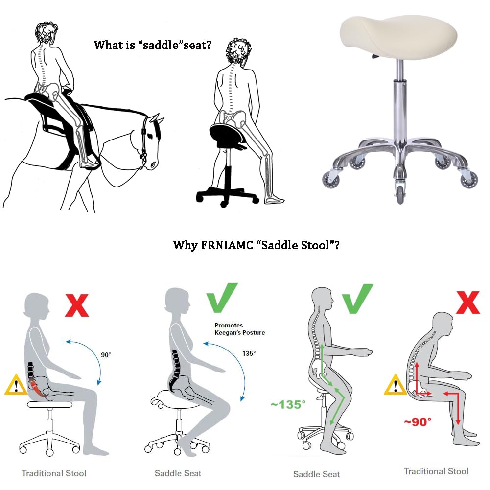 FRNIAMC Professional Saddle Stool with Wheels Ergonomic Swivel Rolling Height Adjustable for Clinic Dentist Beauty Salon Tattoo Home Office