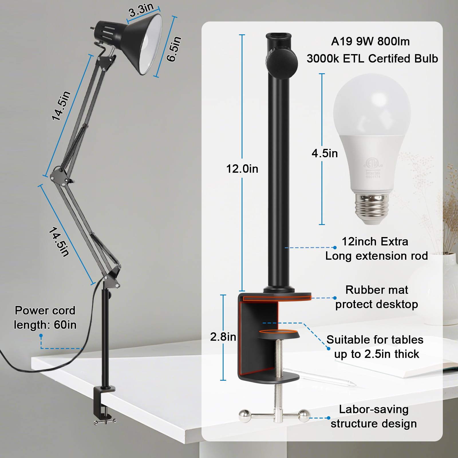 DXOVEEN 360° Adjustable LED Clamp-On Desk Lamp
