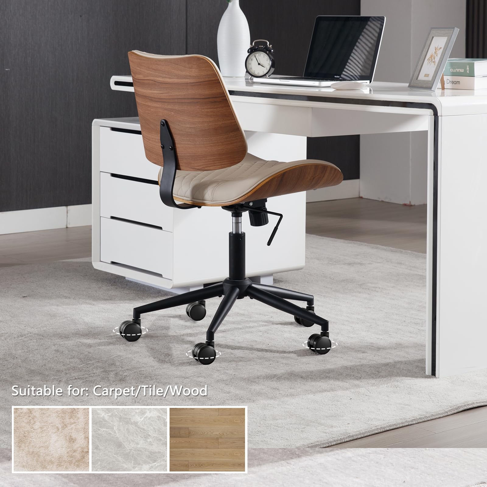 BERYTH Home Office Chair No Arms with Wheels, Mid Back Walnut Style 5010