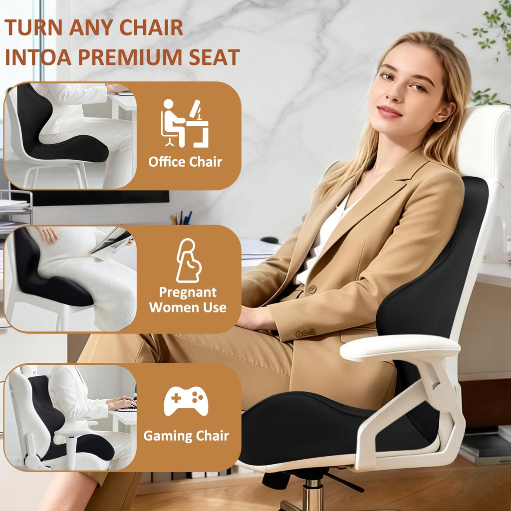 Seat Cushion with Back Support,Lumbar Support Pillow for Office Chair,office chair cushion for Sciatica and Hemorrhoid Relief,Tailbone Pain，Memory Foam Seat Cushion with L-Shaped Ergonomic Design