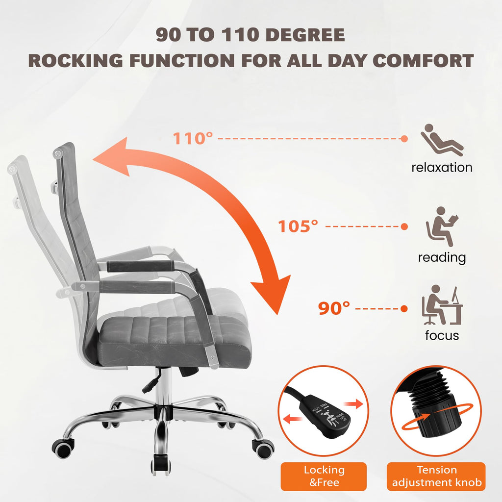 Furmax Ergonomic Office Desk Chair, Executive Ribbed Mid-Back PU Leather Conference Room Chair Adjustable Swivel Chair with Arms