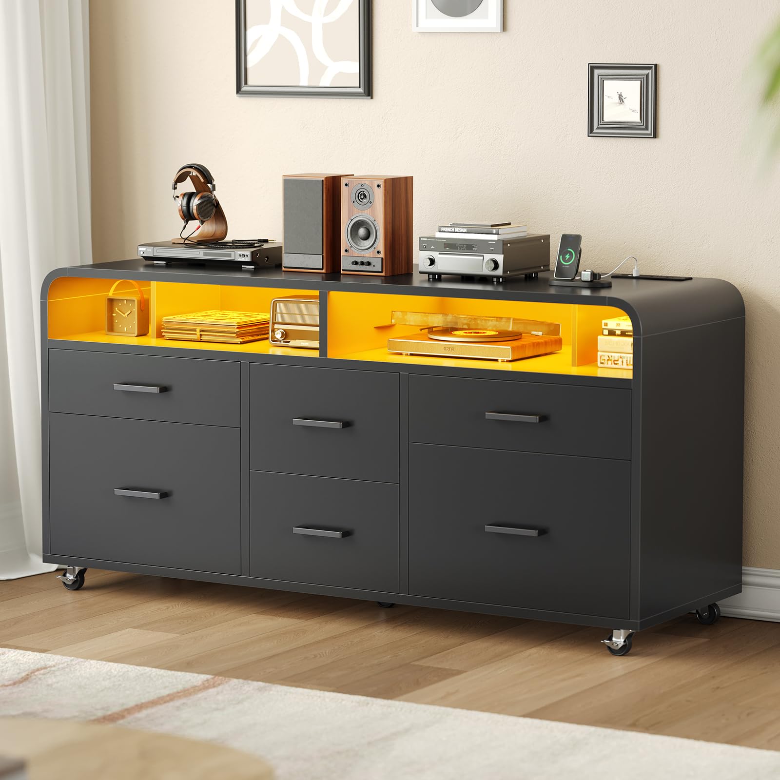 SEDETA 6-Drawer Mobile File Cabinet with Power Strip