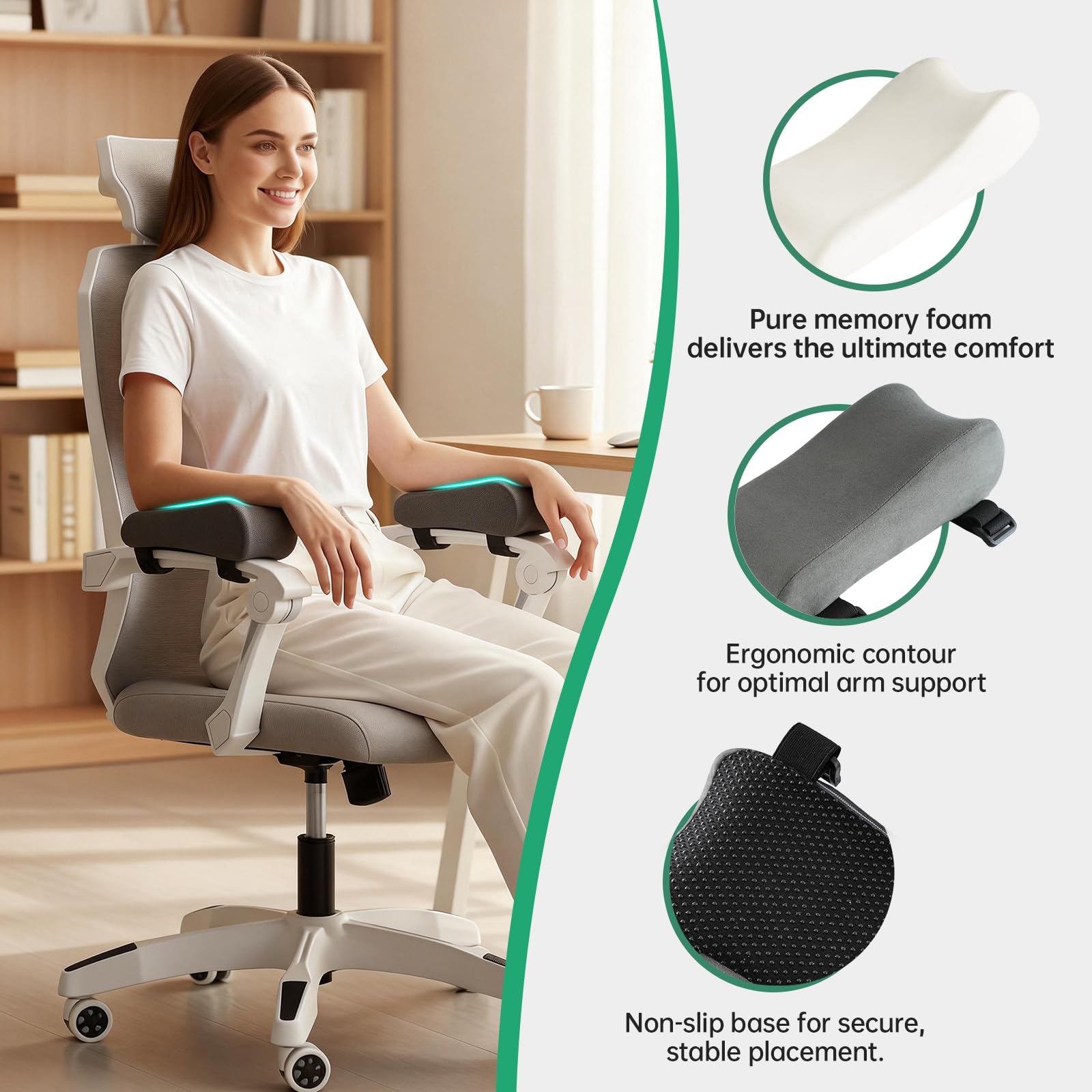 Set of 2 Memory Foam Arm Rest Cushion, Chair Arm Pads Support Pads, Elbow Pressure Relief Cushion for Office Desk & Gaming Chair, Non‑Slip Secure Straps, Removable Washable Cover