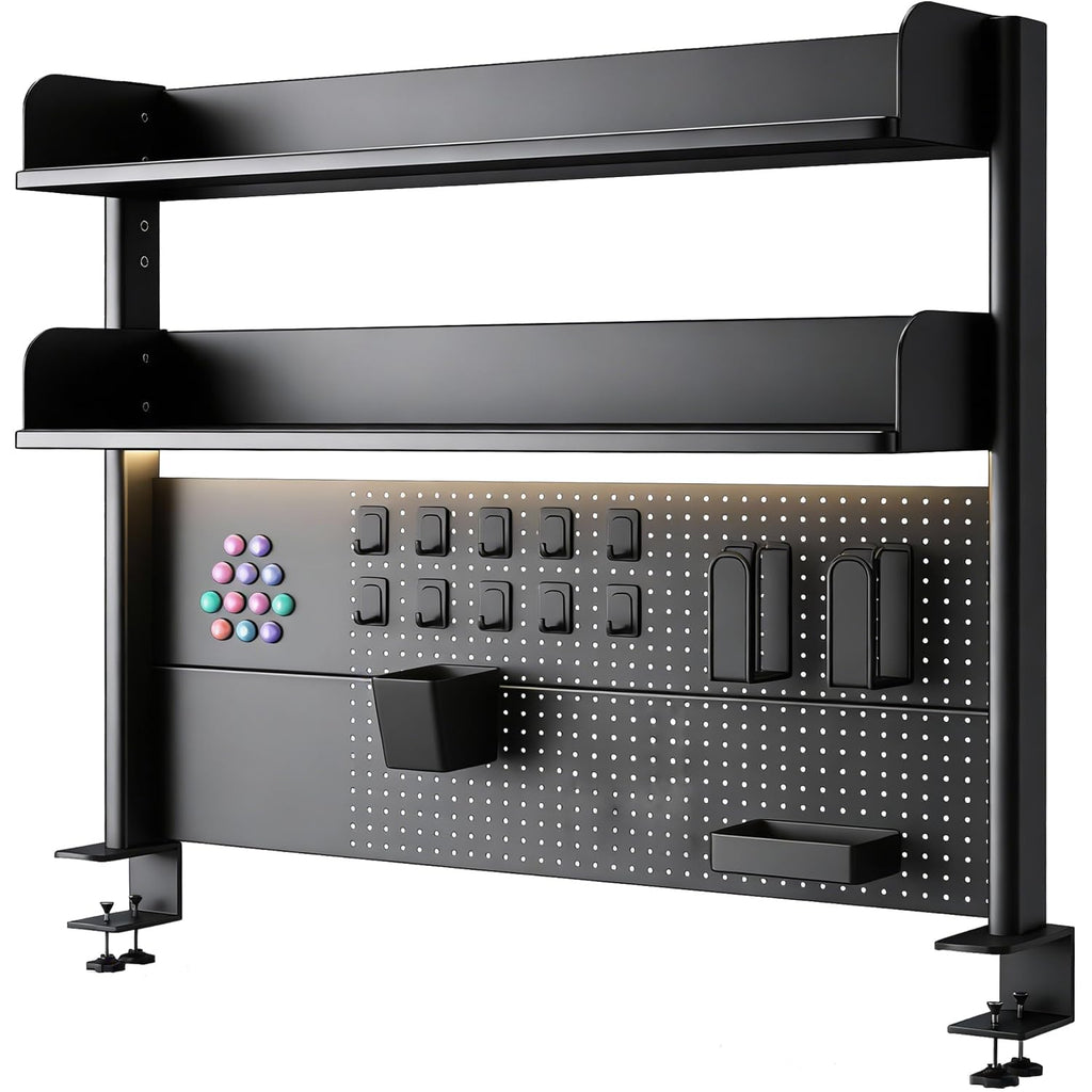 Clamp-On Metal Desk Pegboard Organizer with 2 Shelves
