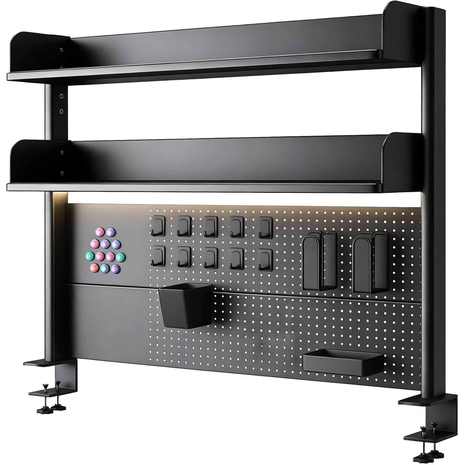 Clamp-On Metal Desk Pegboard Organizer with 2 Shelves
