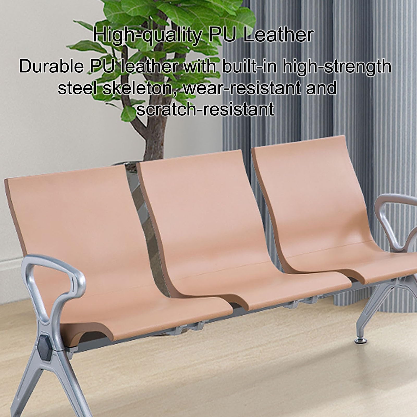 3-Seater Airport Waiting Bench Synthetic Leather Reception Chair with Armrests & Backrest Closed Beam Design for Office & Lounge Seating