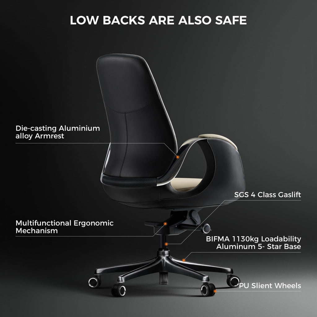 TOMU Genuine Leather Executive Office Chair, Ergonomic Big and Tall Comfortable Office Chair for Sitting All Day, Luxury Office Chair for Woman and Men, with Aluminum Sturdy Swivel Base, Reclining