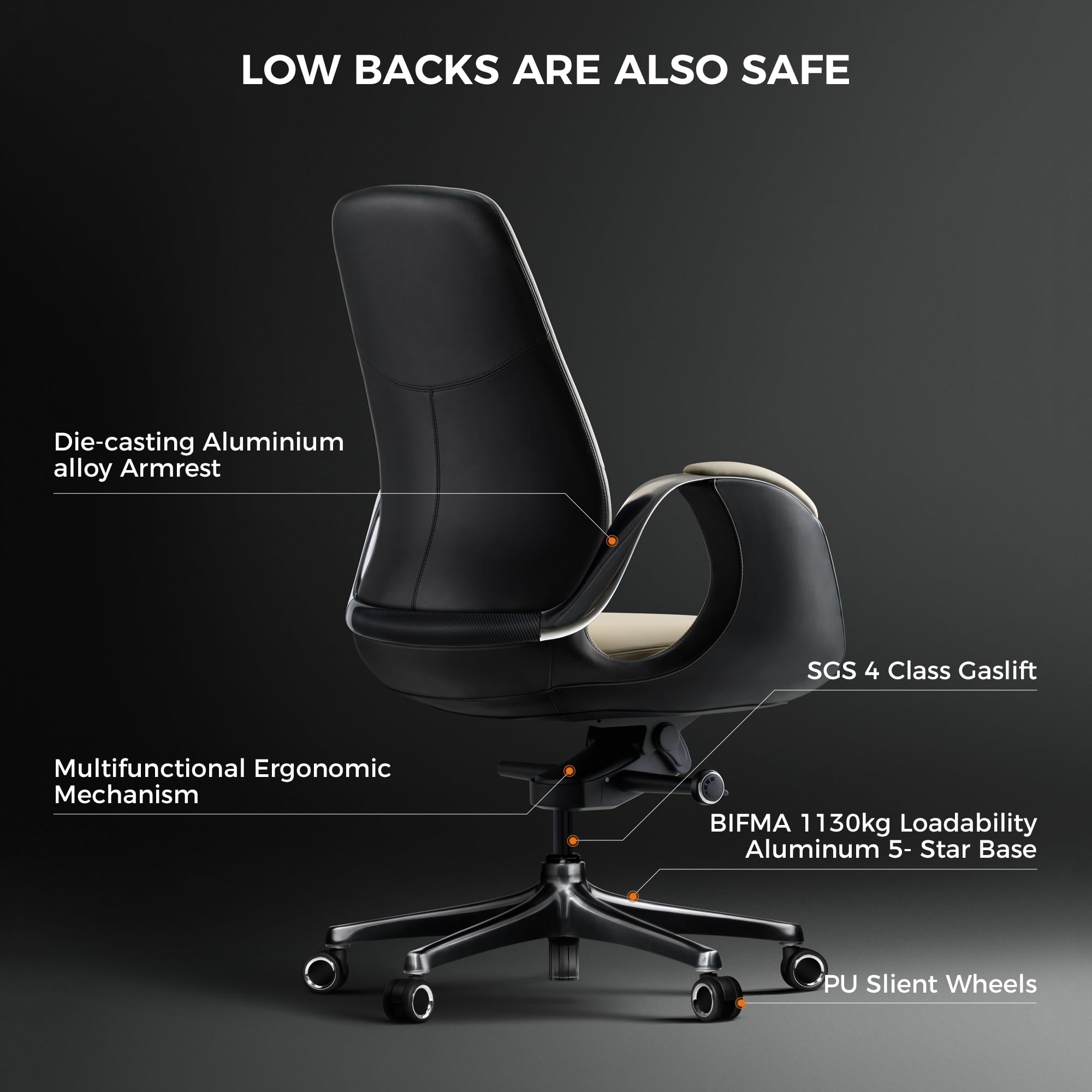 TOMU Genuine Leather Executive Office Chair, Ergonomic Big and Tall Comfortable Office Chair for Sitting All Day, Luxury Office Chair for Woman and Men, with Aluminum Sturdy Swivel Base, Reclining