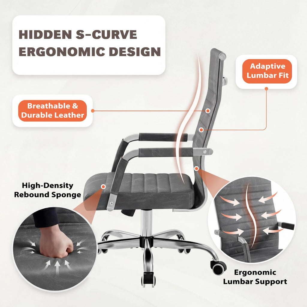 Furmax Ergonomic Office Desk Chair, Executive Ribbed Mid-Back PU Leather Conference Room Chair Adjustable Swivel Chair with Arms
