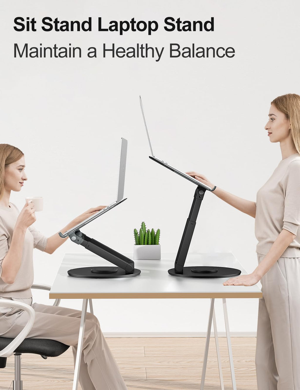 tounee Telescopic Laptop Stand for Desk with 360° Swivel Base, Sit to Stand, Height Adjustable, Portable Riser Holder for Good Posture, Compatible with MacBook Pro, All Laptops 10-17"