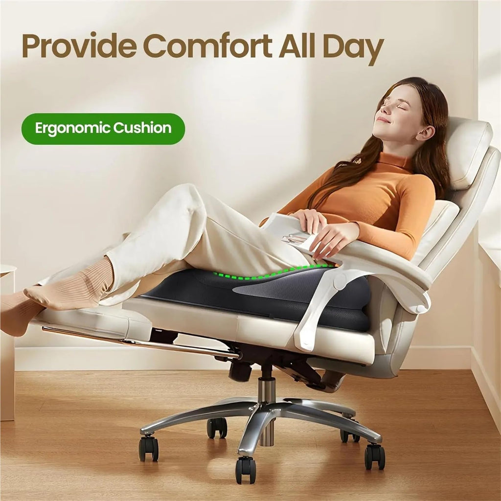 Large Memory Foam Seat Cushion for Office Chair - Coccyx Relief Pillow for Back Support - Non-Slip Pad for Office, Car, Wheelchair, Sciatica Relief