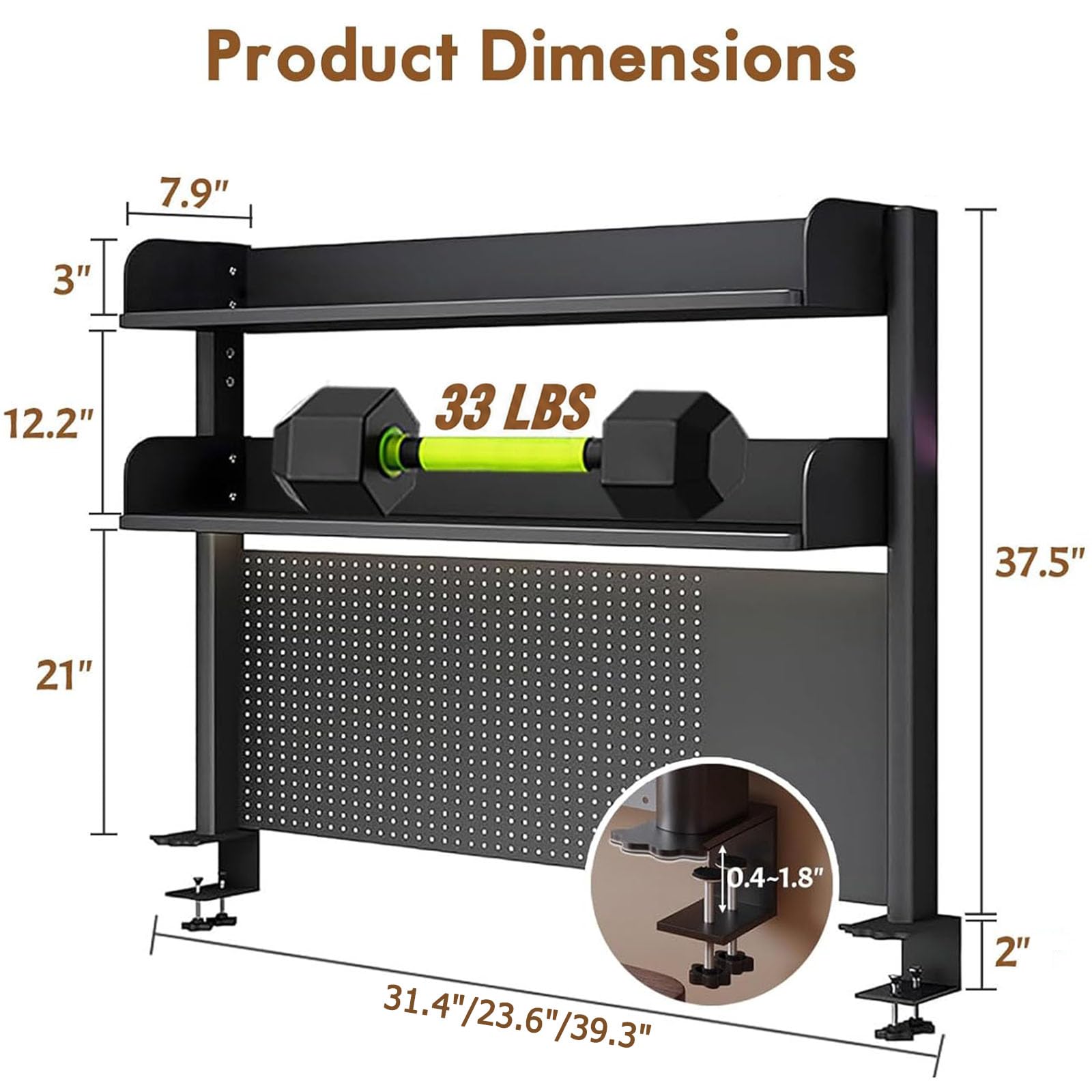 Clamp-On Metal Desk Pegboard Organizer with 2 Shelves