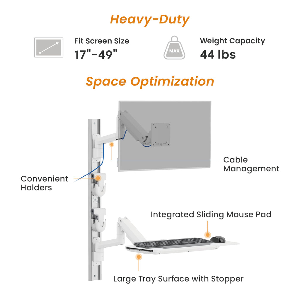 Mount Plus MED10 Medical Monitor Wall Mount with Folding Keyboard Tray and Mouse Pad | Scanner Holder | Heavy Duty Height Adjustment Folding Design for 17"-49" Monitor On Wall Track Up to 44 lbs