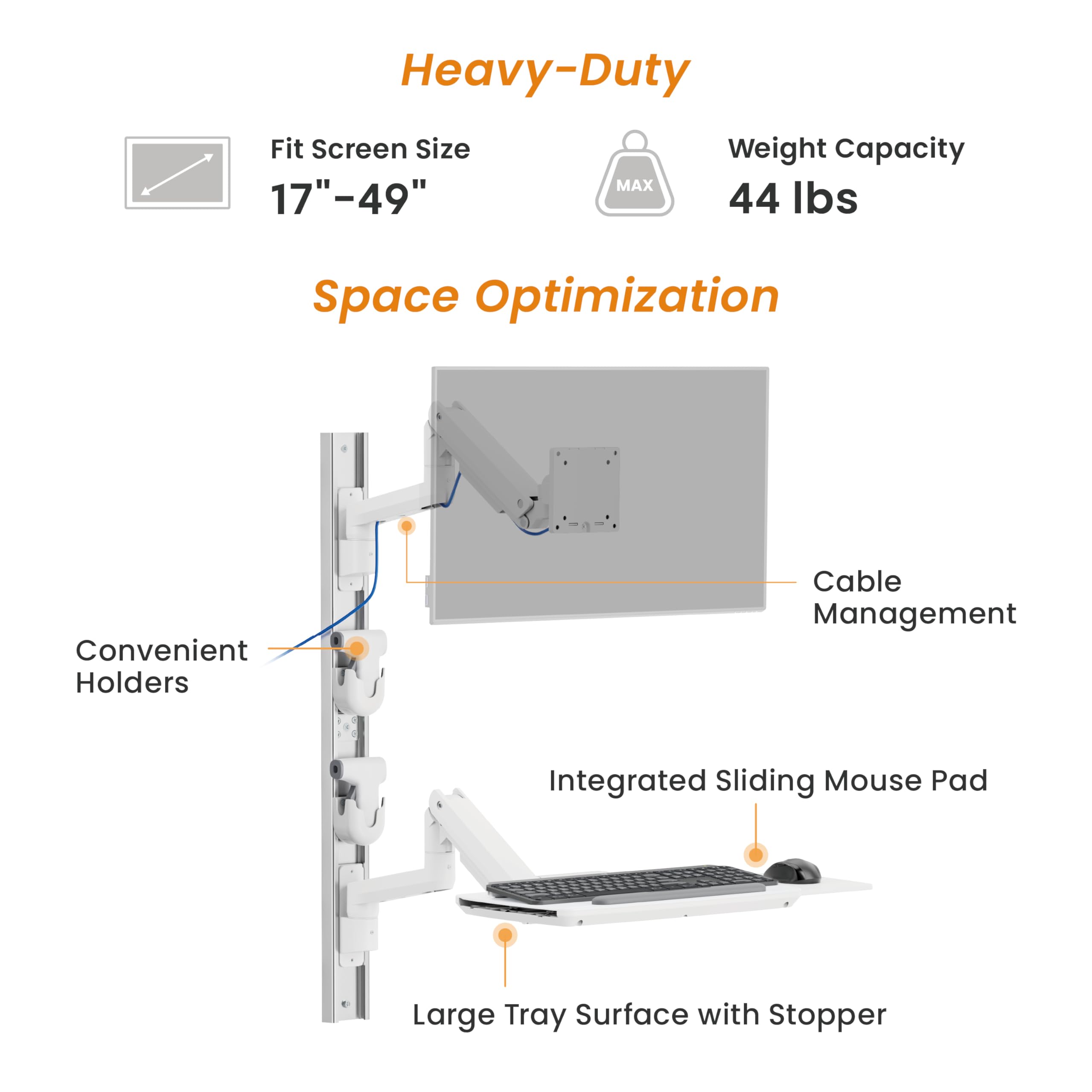 Mount Plus MED10 Medical Monitor Wall Mount with Folding Keyboard Tray and Mouse Pad | Scanner Holder | Heavy Duty Height Adjustment Folding Design for 17"-49" Monitor On Wall Track Up to 44 lbs
