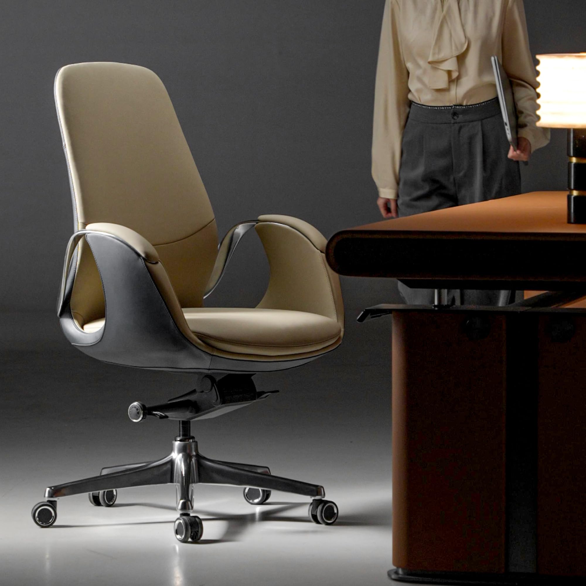 TOMU Genuine Leather Executive Office Chair, Ergonomic Big and Tall Comfortable Office Chair for Sitting All Day, Luxury Office Chair for Woman and Men, with Aluminum Sturdy Swivel Base, Reclining