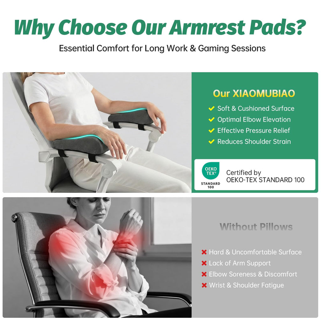 Set of 2 Memory Foam Arm Rest Cushion, Chair Arm Pads Support Pads, Elbow Pressure Relief Cushion for Office Desk & Gaming Chair, Non‑Slip Secure Straps, Removable Washable Cover