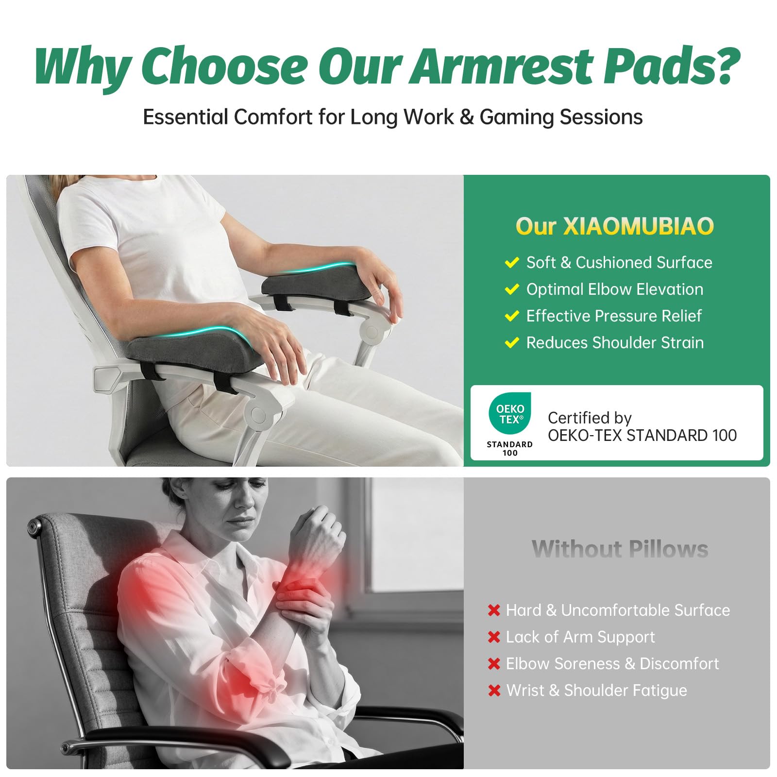Set of 2 Memory Foam Arm Rest Cushion, Chair Arm Pads Support Pads, Elbow Pressure Relief Cushion for Office Desk & Gaming Chair, Non‑Slip Secure Straps, Removable Washable Cover