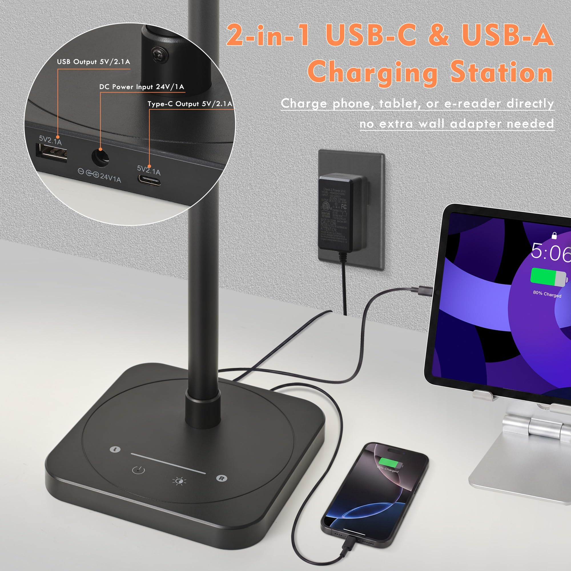 BOHON LED Desk Lamp with USB-C & Wireless Charging