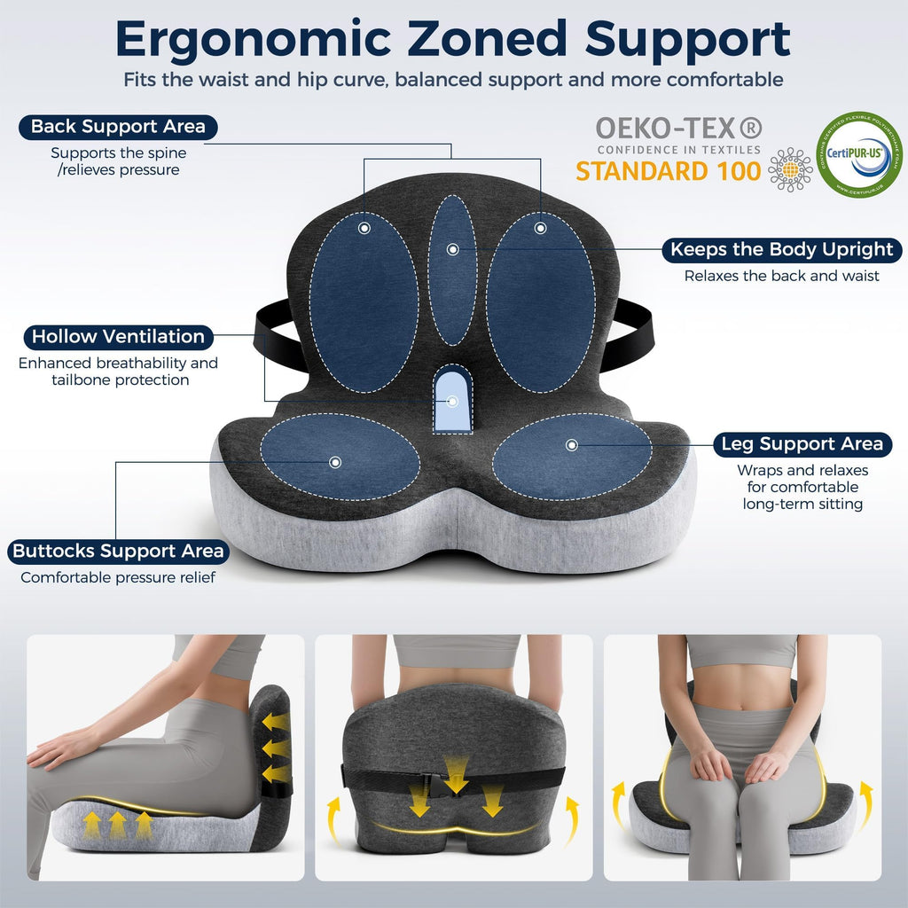 SSPATIOS Office Seat Cushion, Office Chair Cushions for Pressure Relief, Seat Cushions for Office Chair with L-Shaped Ergonomic Design & Adjustable Strap, Memory Foam Chair Cushion for Sitting