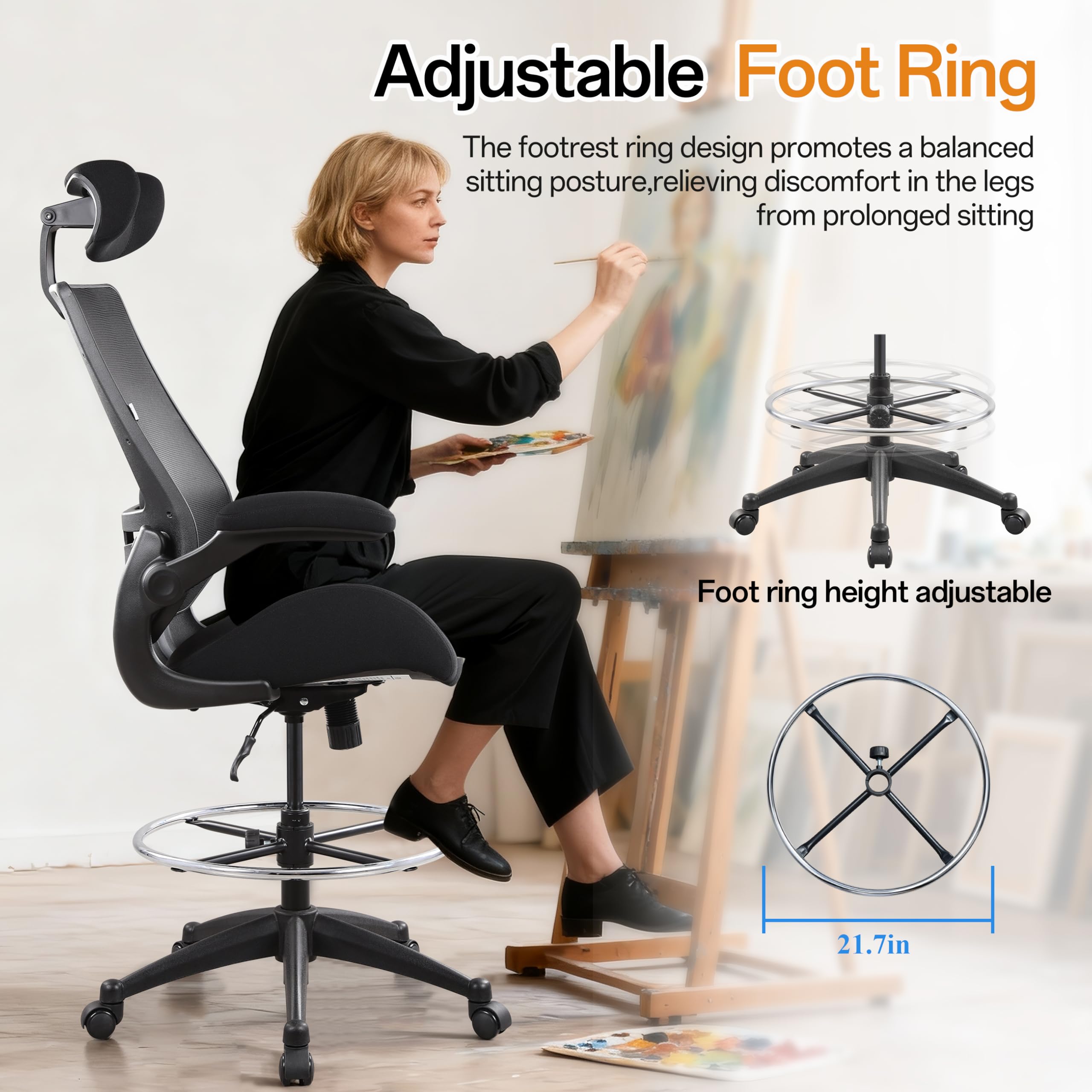 BOLISS 400lbs High Back Computer Office Drafting Chair Flip up Armrests Lumbar Support Adjustable Big Footrest Ring
