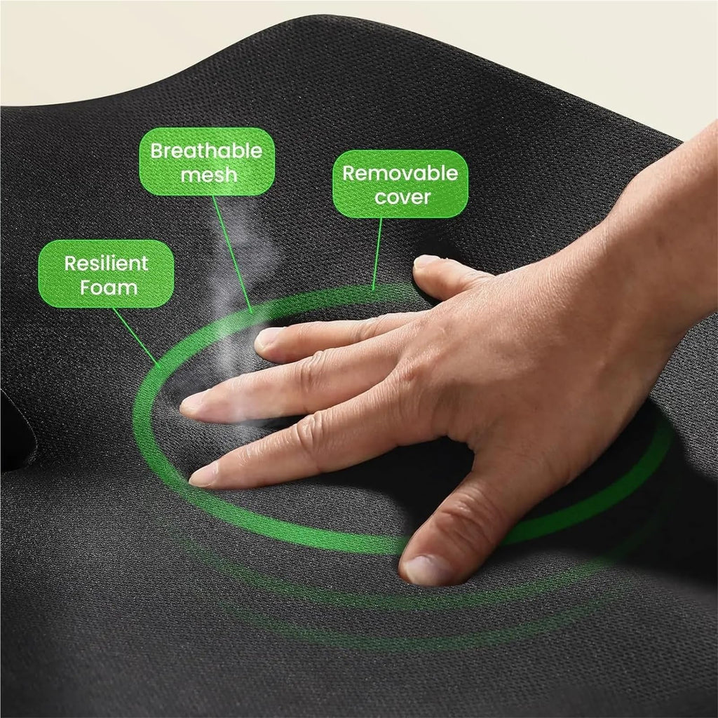 Large Memory Foam Seat Cushion for Office Chair - Coccyx Relief Pillow for Back Support - Non-Slip Pad for Office, Car, Wheelchair, Sciatica Relief