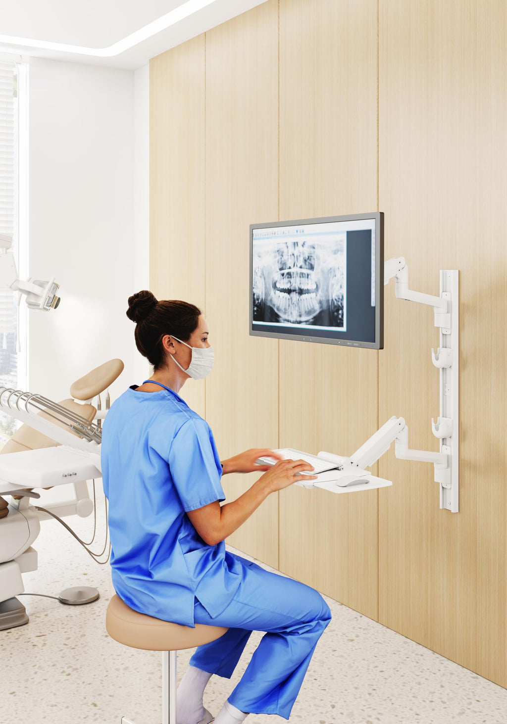 Mount Plus MED10 Medical Monitor Wall Mount with Folding Keyboard Tray and Mouse Pad | Scanner Holder | Heavy Duty Height Adjustment Folding Design for 17"-49" Monitor On Wall Track Up to 44 lbs