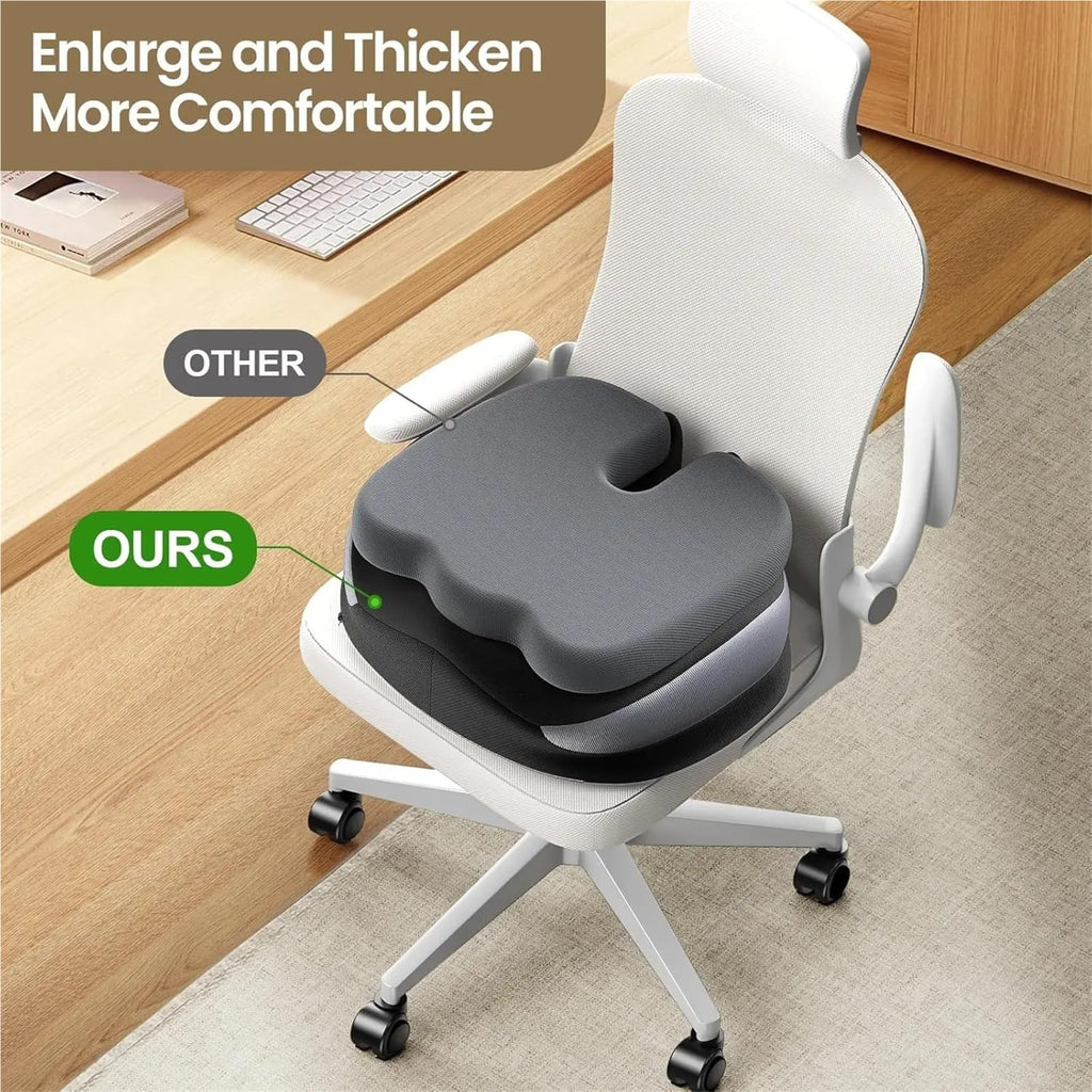 Large Memory Foam Seat Cushion for Office Chair - Coccyx Relief Pillow for Back Support - Non-Slip Pad for Office, Car, Wheelchair, Sciatica Relief
