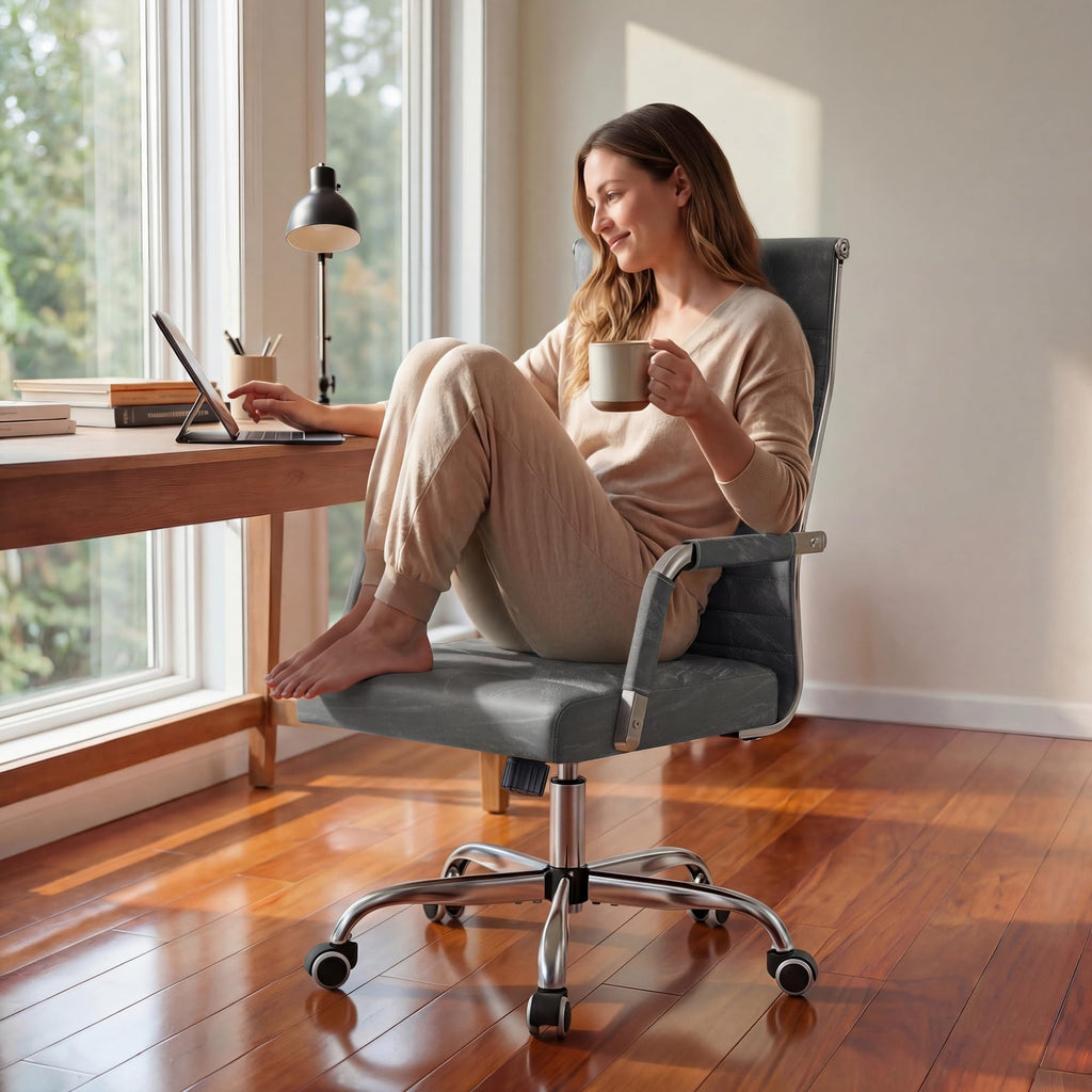 Furmax Ergonomic Office Desk Chair, Executive Ribbed Mid-Back PU Leather Conference Room Chair Adjustable Swivel Chair with Arms