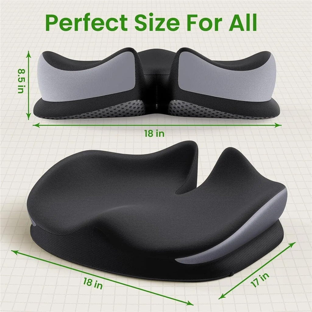 Large Memory Foam Seat Cushion for Office Chair - Coccyx Relief Pillow for Back Support - Non-Slip Pad for Office, Car, Wheelchair, Sciatica Relief