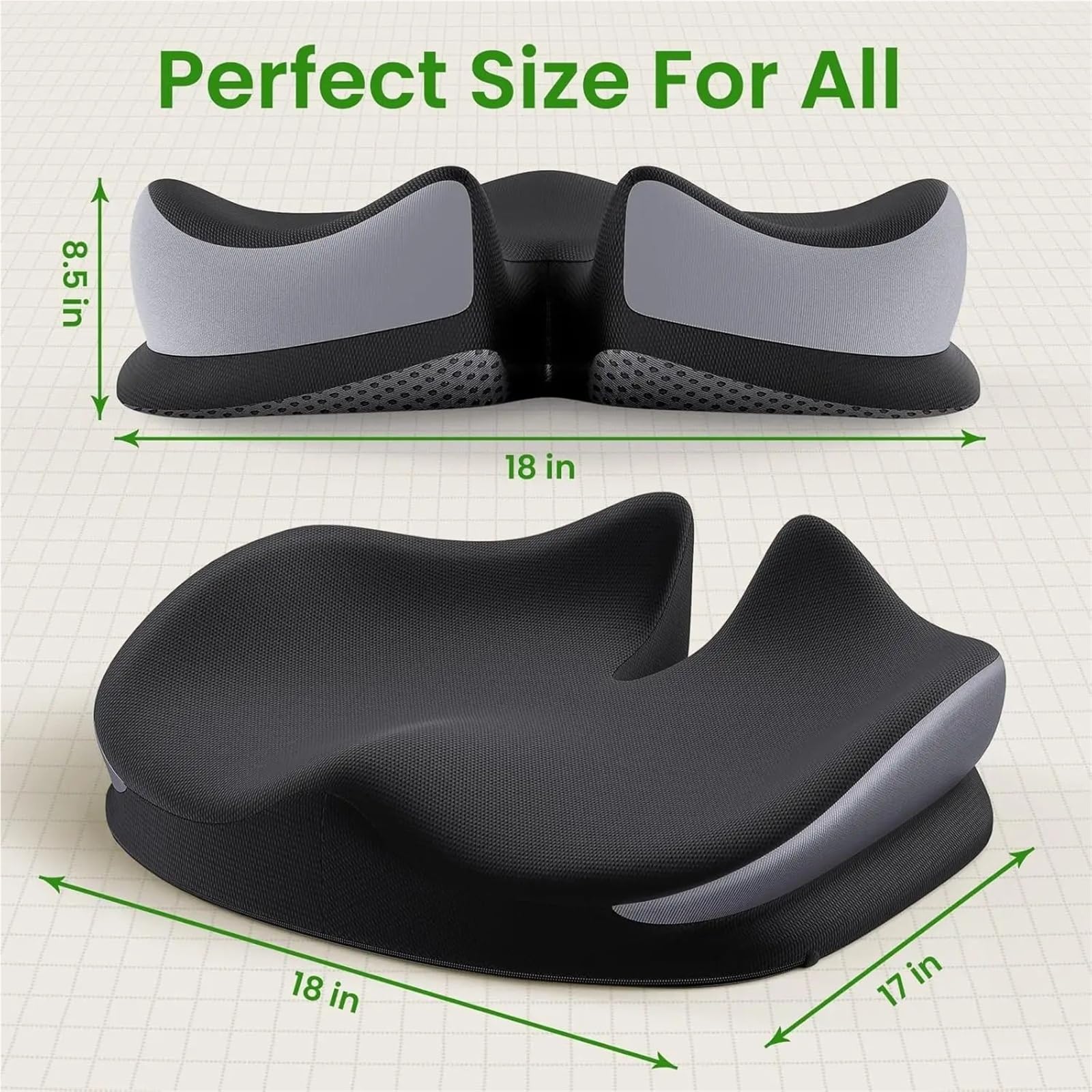Large Memory Foam Seat Cushion for Office Chair - Coccyx Relief Pillow for Back Support - Non-Slip Pad for Office, Car, Wheelchair, Sciatica Relief