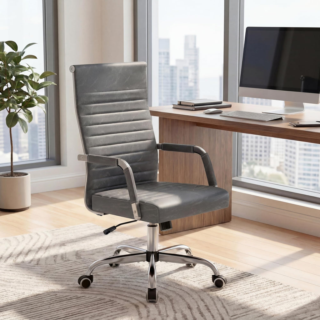 Furmax Ergonomic Office Desk Chair, Executive Ribbed Mid-Back PU Leather Conference Room Chair Adjustable Swivel Chair with Arms